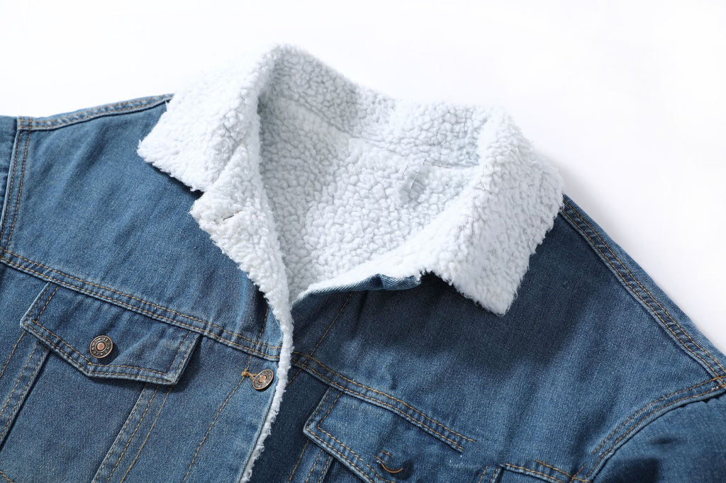 Women’s Warm Fur-Lined Denim Jacket | Winter Wool Lining Bomber Coat