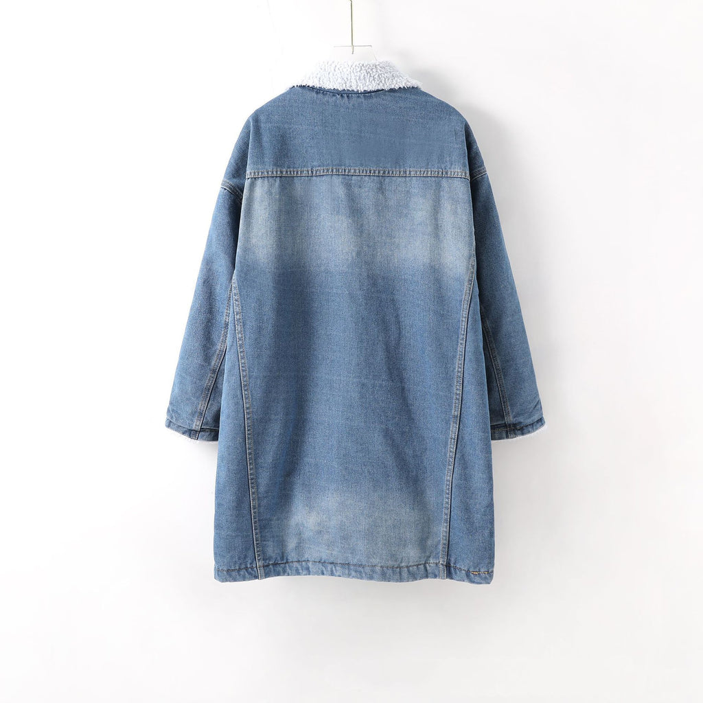 Women’s Warm Fur-Lined Denim Jacket | Winter Wool Lining Bomber Coat