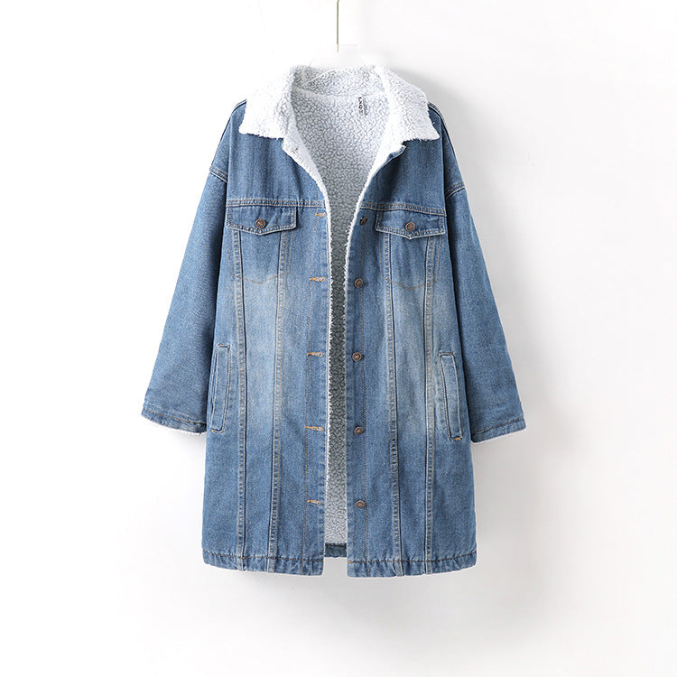 Women’s Warm Fur-Lined Denim Jacket | Winter Wool Lining Bomber Coat
