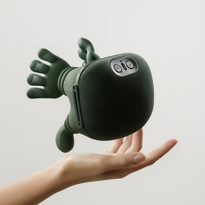 Green hand-shaped neck massager held in a hand against a light gray background
